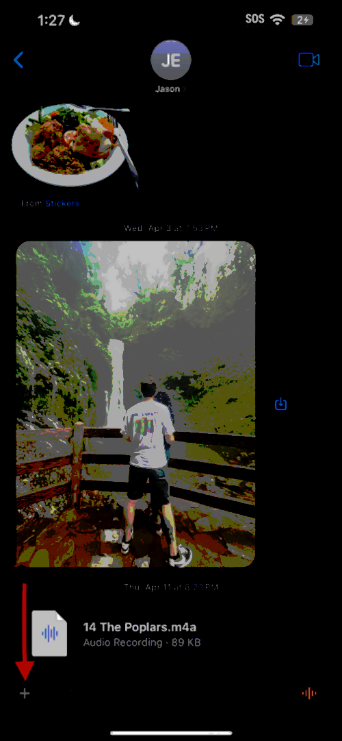Red arrow pointing to plus sign in Messages app in iOS
