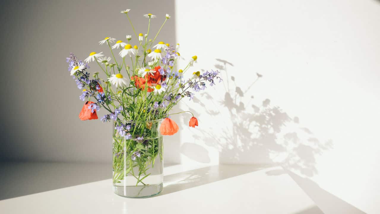 Bouquet in glass and clear vase