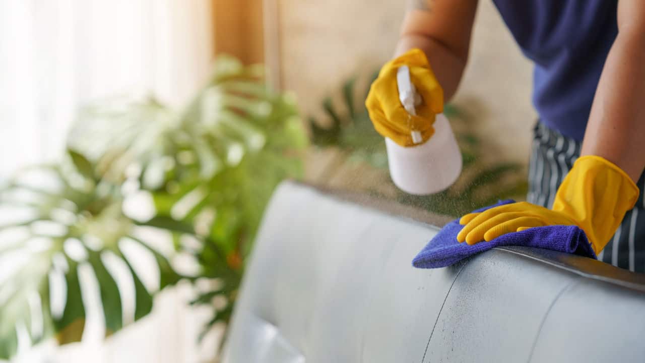 cleaning couch with a spray bottle