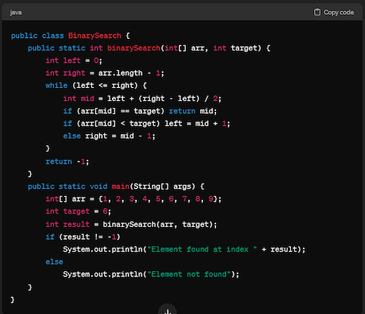 A piece of code written in Java that does binary search on a list.