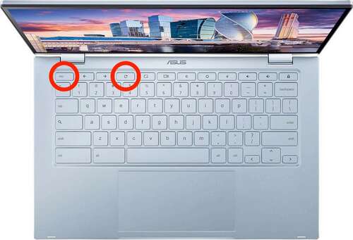 Image of Chromebook laptop with escape and refresh keys highlighted.