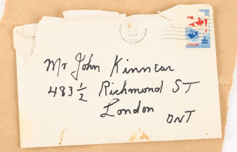 An envelope of a letter sent by Nova Scotia artist Maud Lewis to John Kinnear of London, Ont., in 1967. The pair corresponded for five years, with Kinnear often sending Lewis art supplies. 