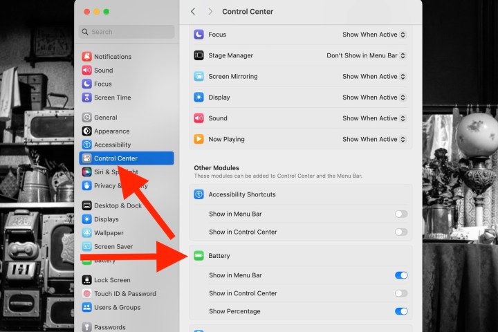 The Control Center and Battery options highlighted in macOS Sonoma.