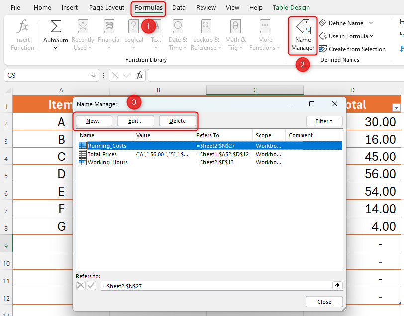 Excel's Name Manager window, with the 'New,' 'Edit,' and 'Delete' options highlighted.