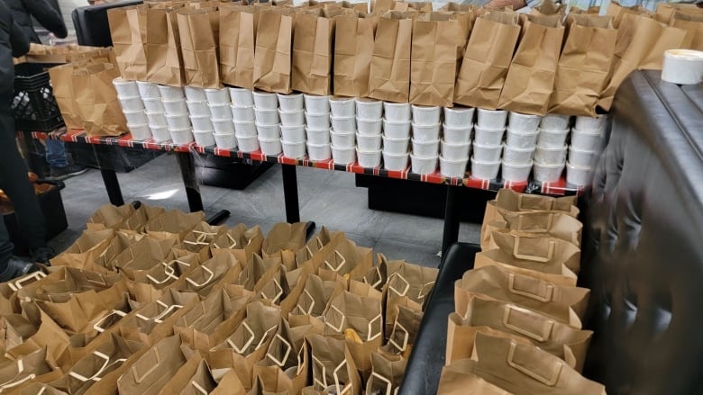 Paper carrier bags filled with food.