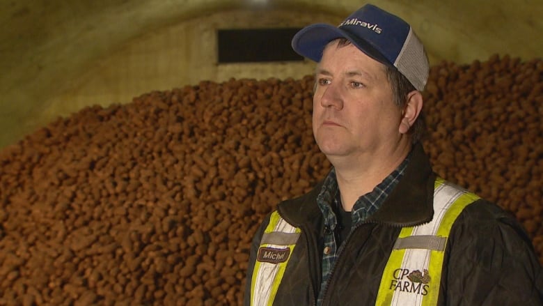 A man stands in front of a pile of potatoes.