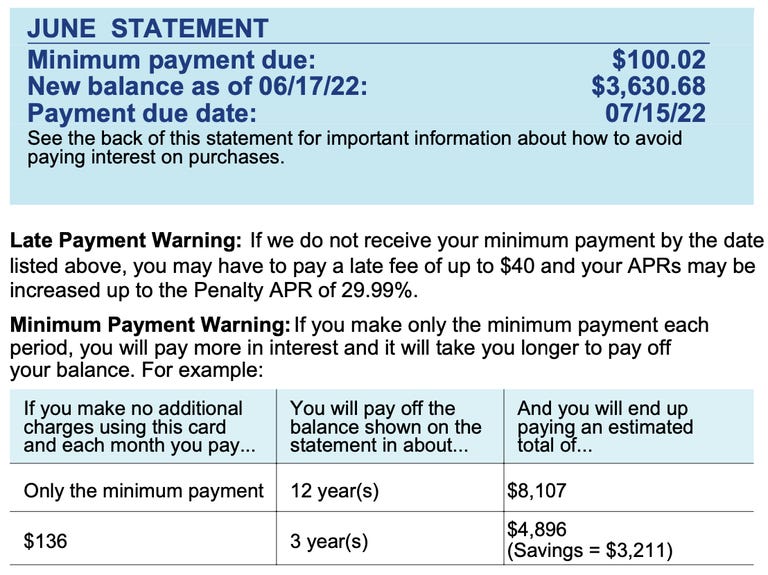 a credit card statement showing a minimum payment notice