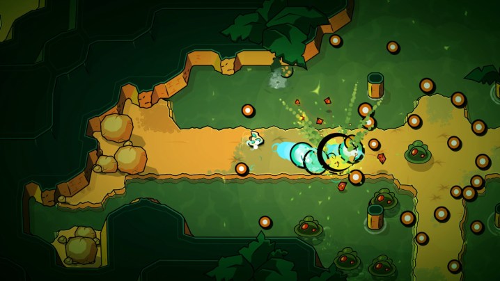 A ship shoots enemies in Minishoot' Adventures.