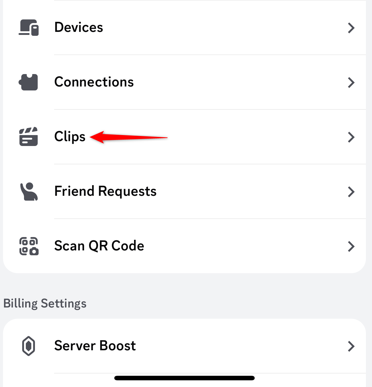 The Discord settings menu on mobile.