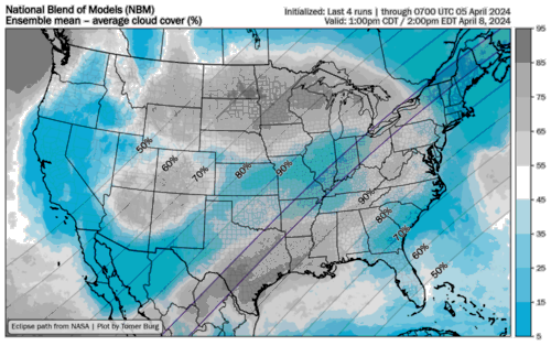 Cloud cover forecast for 2 pm ET on Monday, April 8. 