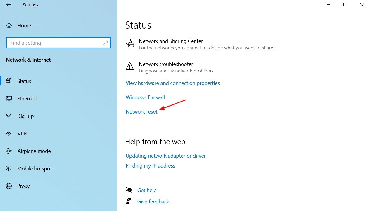 Network Reset option in the Status window.