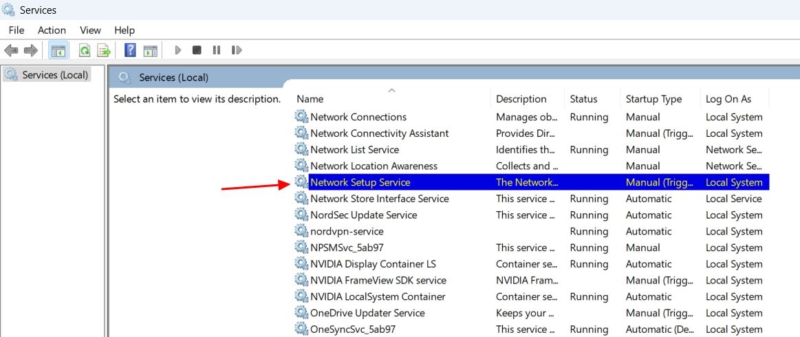 Network Setup Service in the Services window.