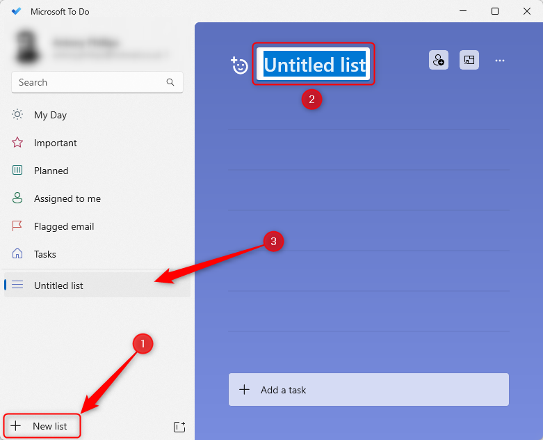 Microsoft To Do's 'New List' option highlighted, the unnamed title selected for amending, and the new list showing in the sidebar.