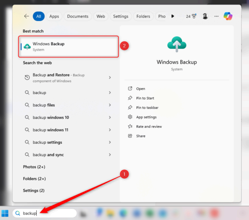'Backup' is typed into the taskbar search box, and the 'Windows Backup' option is highlighted.
