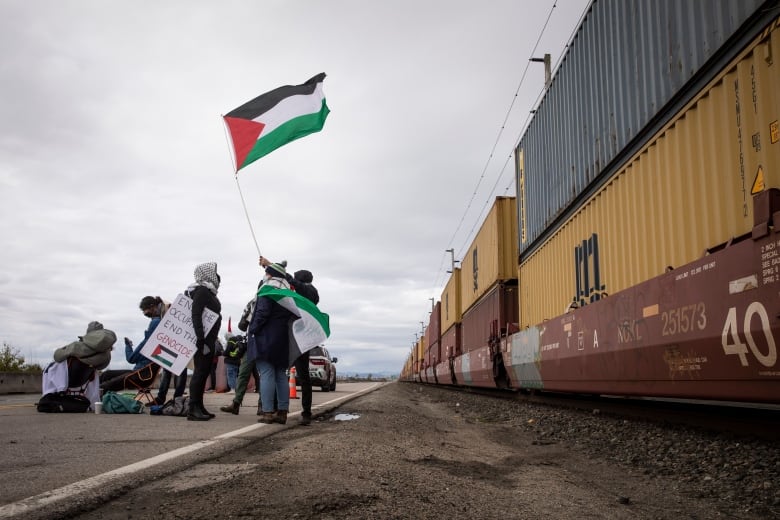 A small number of protesters wave Palestinian flags near shipping containers.