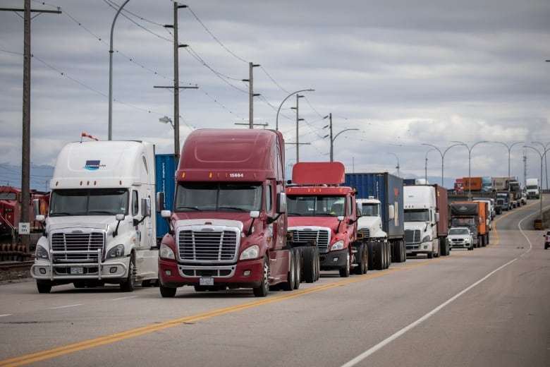 A line up of semi trucks are pictures on a road.