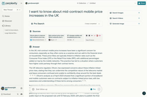 Perplexity Pro web interface showing a research summary about UK mobile internet contract price increases