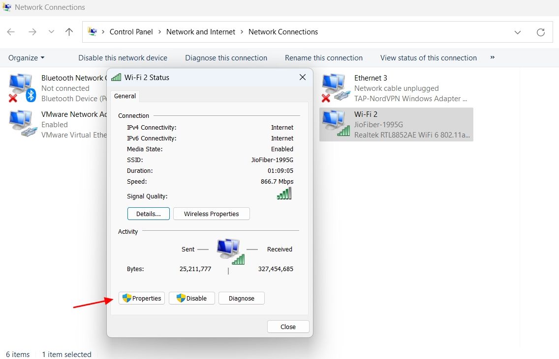 Properties option in the Wi-Fi adapter properties window.