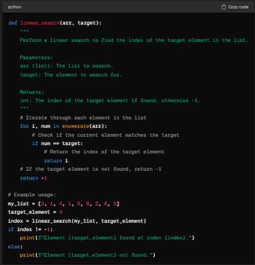 A linear search function written in Python with descriptive comments between the code.