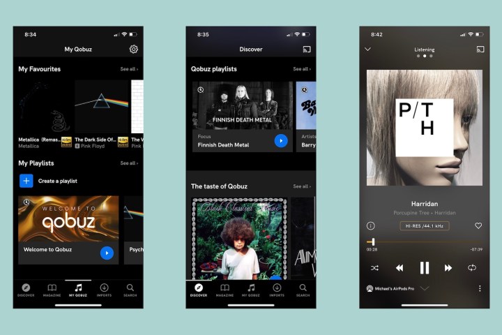 Multiple screens from the Qobuz app for iOS.