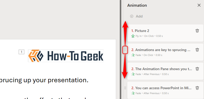 The web-based Animation Pane with the reordering dots highlighted and arrows showing that you can move the animation upwards or downwards.