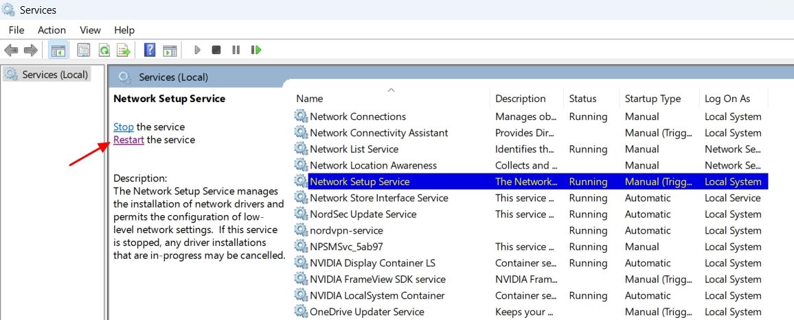 Restart option for Network Setup Service.