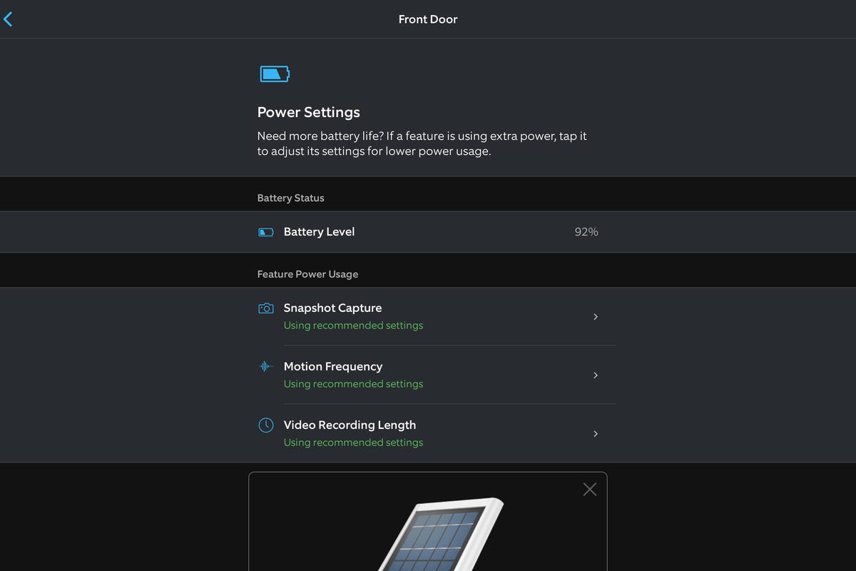 Battery settings and percentage show in the Ring app.