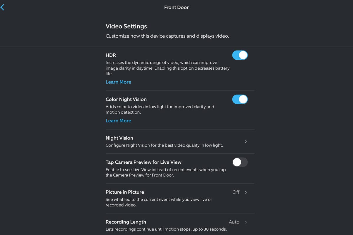 Video settings in the Ring app for the 2024 Ring video doorbell.