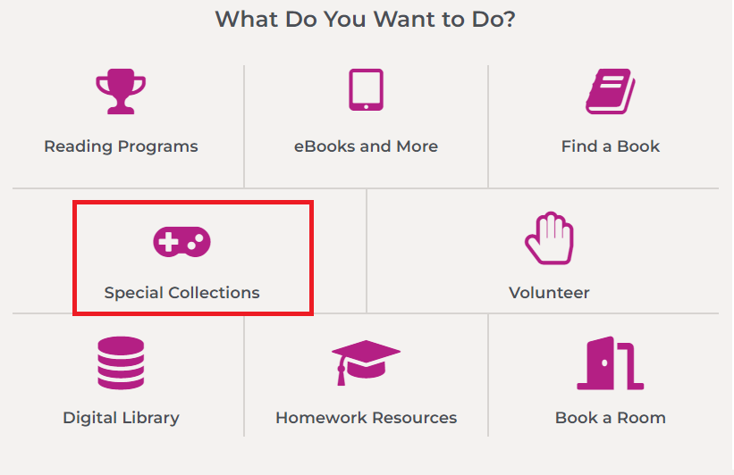 The "Special Collections" category will look different depending on where you are, but it is typically where you will find video games if they offer them.