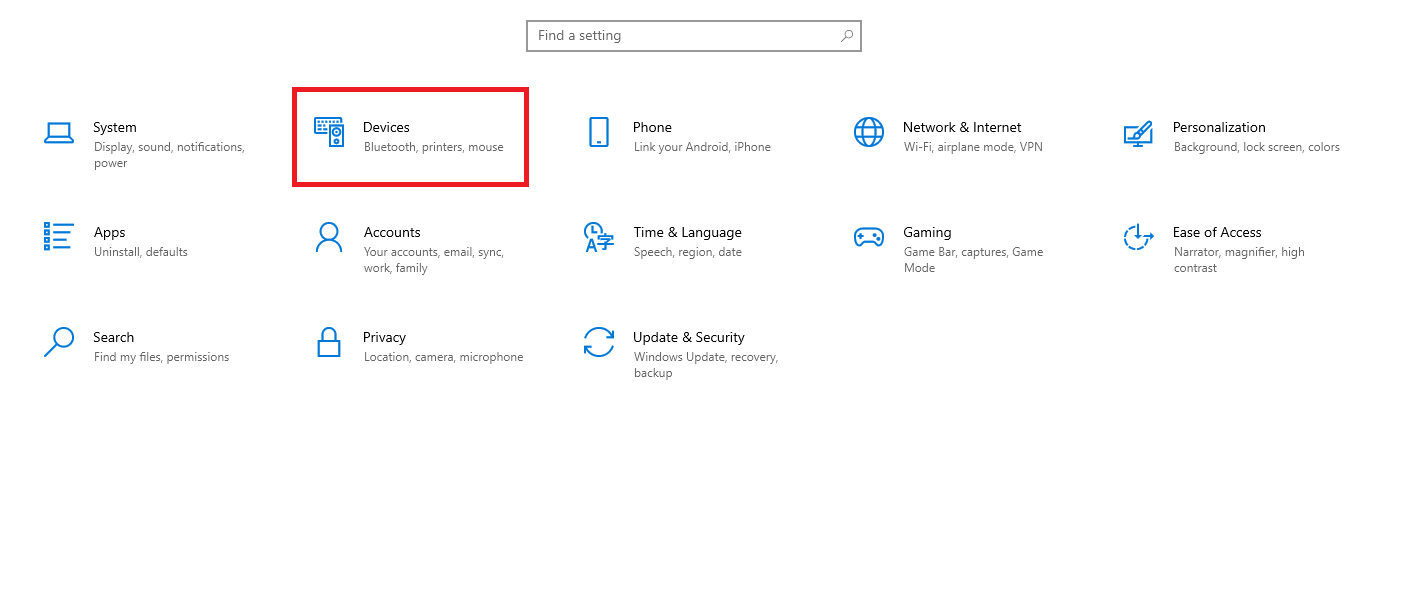 The "Devices" section in the Windows 10 PC settings.