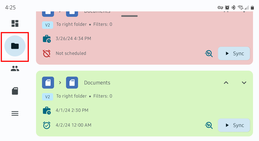 Existing folder pairs in FolderSync