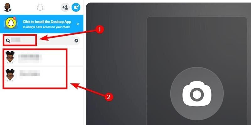 Searching for a friend to send a message to on Snapchat web.