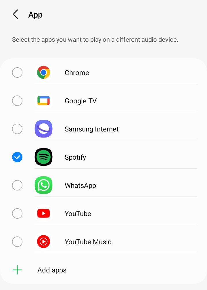 List of apps available to play on different audio device