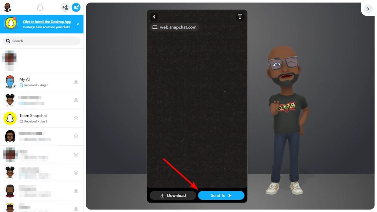 Click "Send To" in Snapchat web.