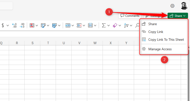 An Excel for the web workbook with the Share button highlighted and the sharing options displayed beneath.