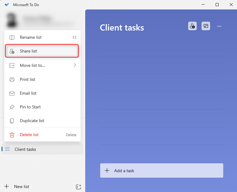 Microsoft To Do's Share List function highlighted.