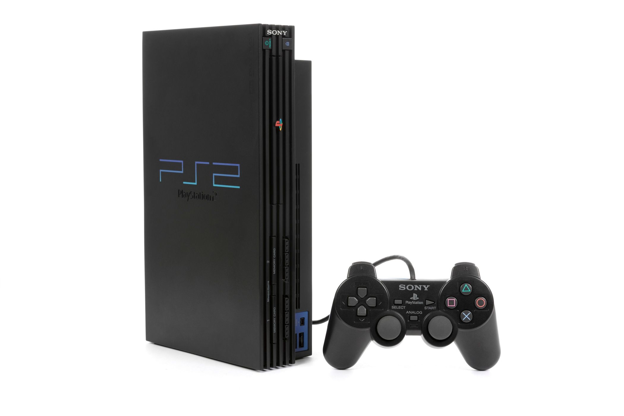 Sony Playstation 2 system with controller isolated on a white background.