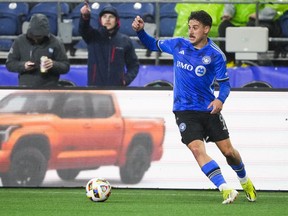 CF Montreal striker Matias Coccaro looks on during first half MLS soccer action against the Sounders in Seattle, Saturday, April 6, 2024.