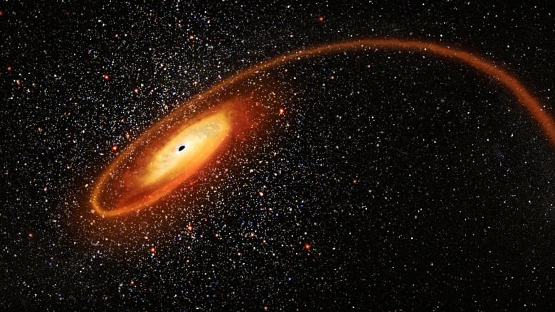 We see what looks like a spinning orange galaxy that has a small black hole in its centre with a long tail extending outward which is actually a depiction of a black hole devouring a star. 