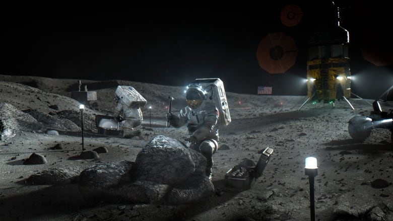 An astronaut is seen on bended knee with a hammer held above a lunar rock, with another astronaut and a space lander in the background.