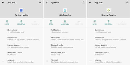 Three screenshots side-by-side, all showing three stalkerware apps disguised as regular, ordinary apps — one called "Device Health," another called "KidsGuard" and a third called "System Service." All of these apps have overly broad access permissions to a user's data.