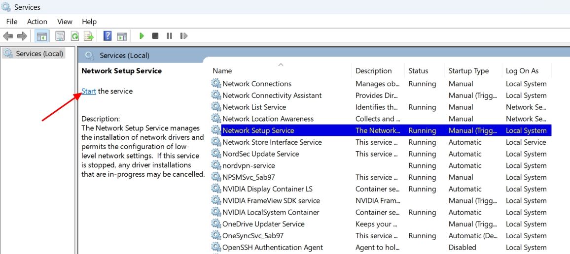 Start option for Network Setup Service.