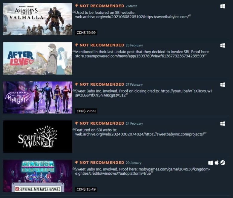 Screenshot of a video game store listing several video games.