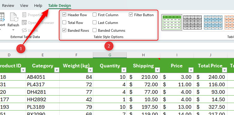 Excel's Table Style Options group in the Table Design tab is displayed.