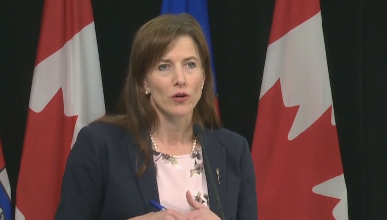 A white woman with brown hair is wearing a suit. She is talking at a podium.
