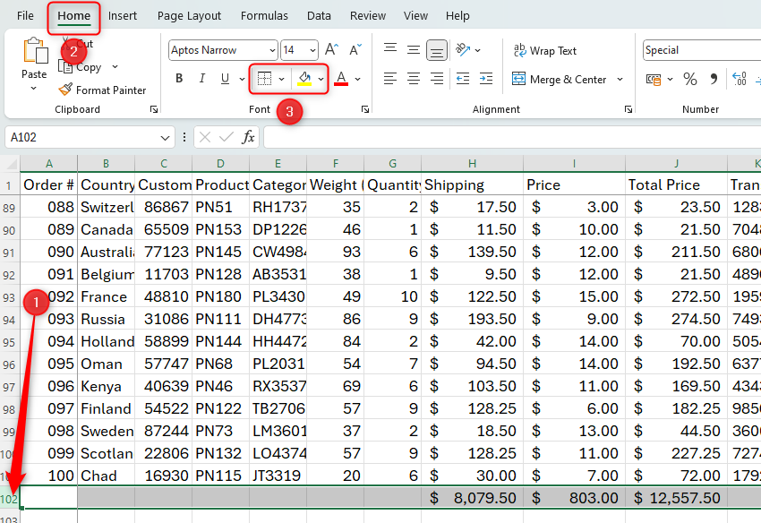 An Excel worksheet with the totals row selected, and the border and color icons highlighted.