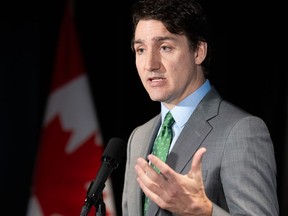 Prime Minister Justin Trudeau speaks to reporters following his meeting with Quebec Premier Francois Legault on March 15, 2024.