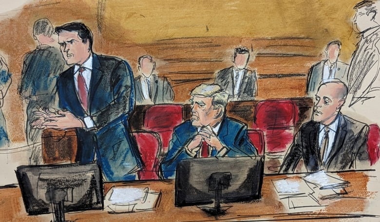 Drawing of two men in suits seated, one standing. 