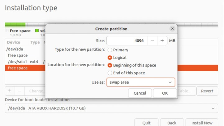 The Ubuntu partition wizard with swap area setup