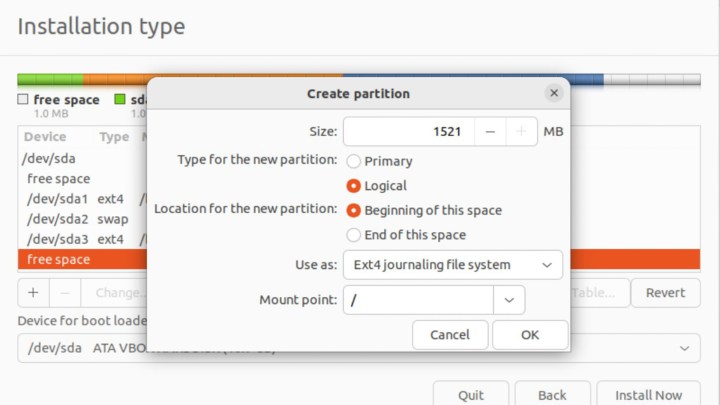 the Ubuntu partition pop up with / directory set